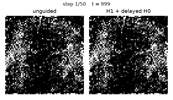 Side-by-side diffusion denoising of headphones: unguided versus H1 with delayed H0 guidance over 50 steps